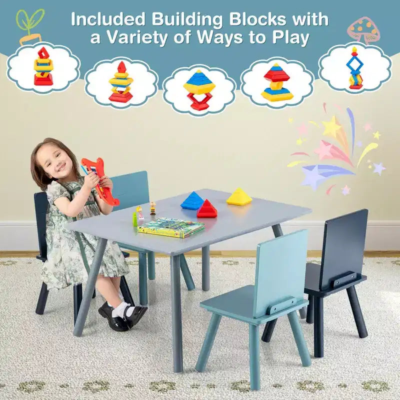 Tavolo rettangolare grigio e blu per bambini con 4 sedie, set da 5 pezzi