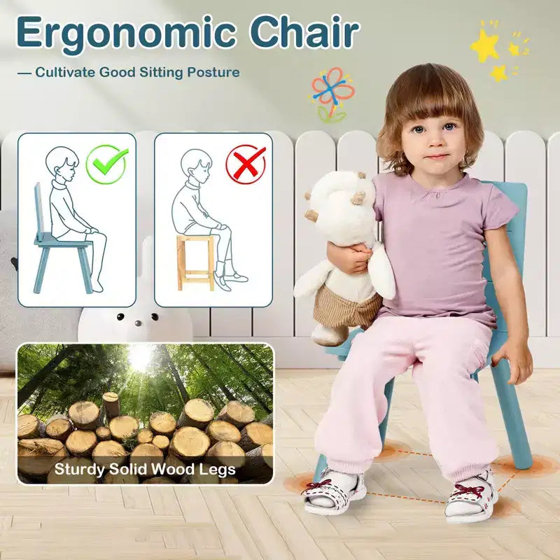 Tavolo rettangolare grigio e blu per bambini con 4 sedie, set da 5 pezzi