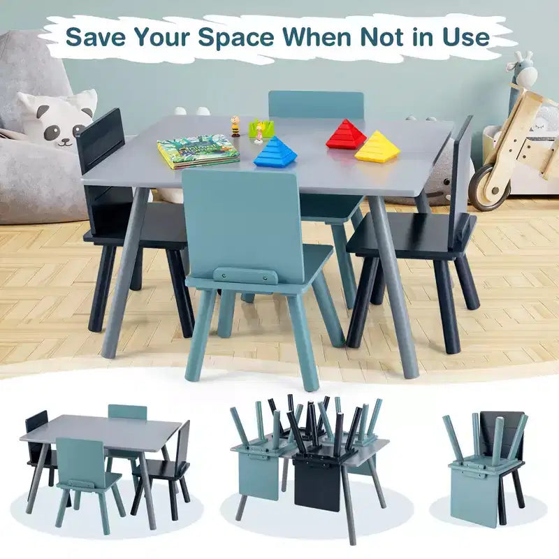 Tavolo rettangolare grigio e blu per bambini con 4 sedie, set da 5 pezzi