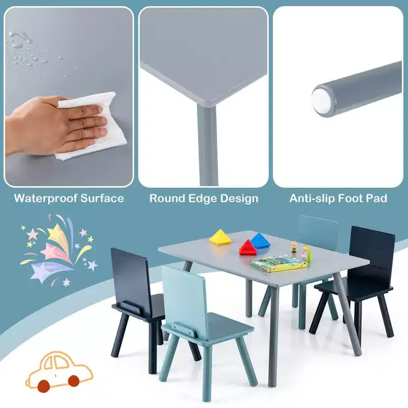 Tavolo rettangolare grigio e blu per bambini con 4 sedie, set da 5 pezzi