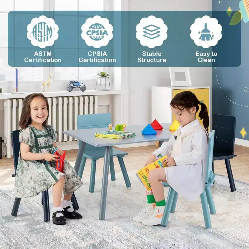 Tavolo rettangolare grigio e blu per bambini con 4 sedie, set da 5 pezzi