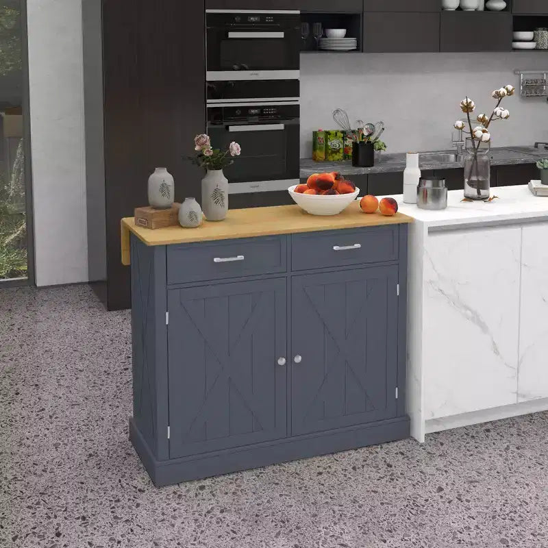 Carrello da Cucina con Isola a Rotelle, Stile Rustico Grigio Scuro/Bianco con Ribalta, per 1 Persona